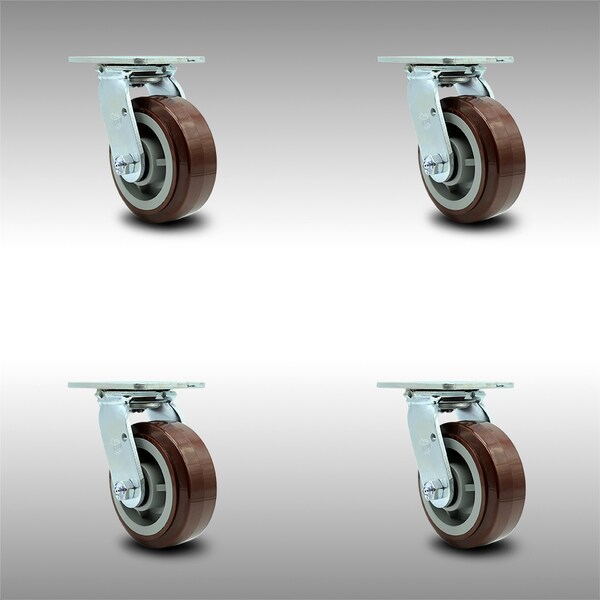5 Inch Stainless Steel Polyurethane Wheel Swivel Caster Set with Ball Bearings